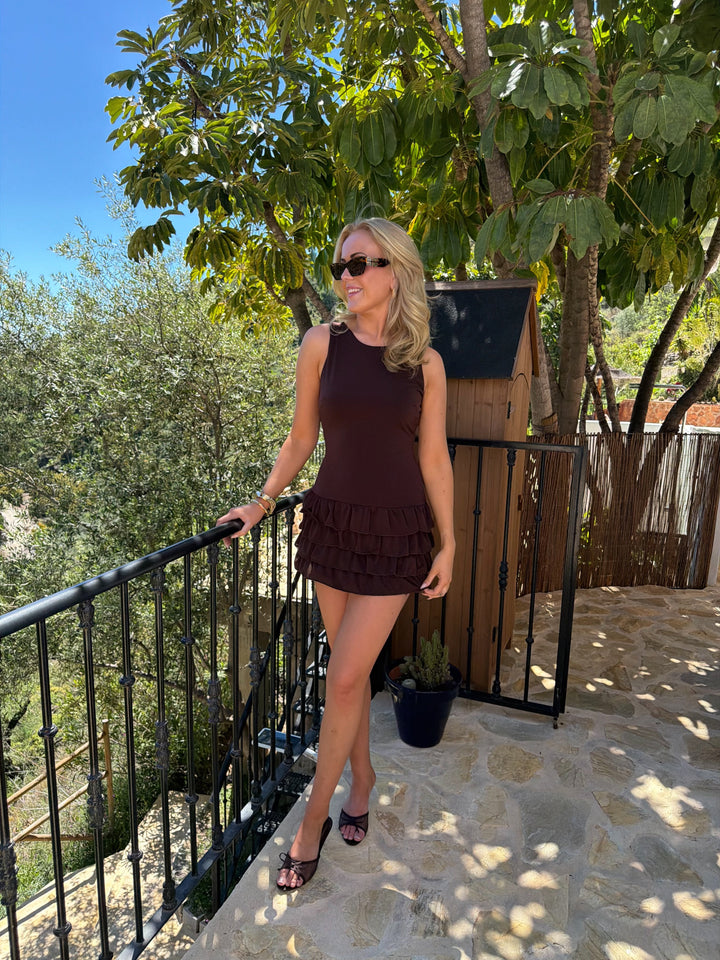 Liv Mini Frill Dress - Dark Brown