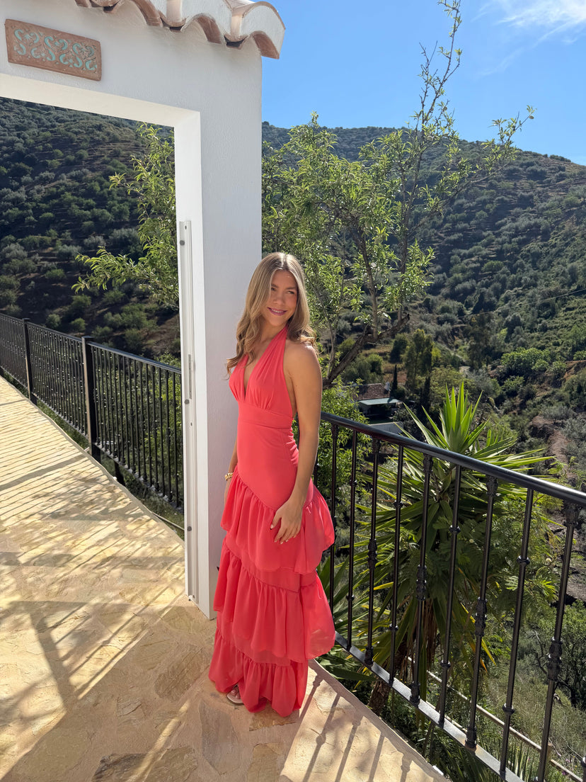 Hailey Maxi Ruffle Dress - Coral
