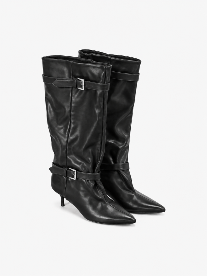 Ella Kitten Heel Buckle Boots - Black