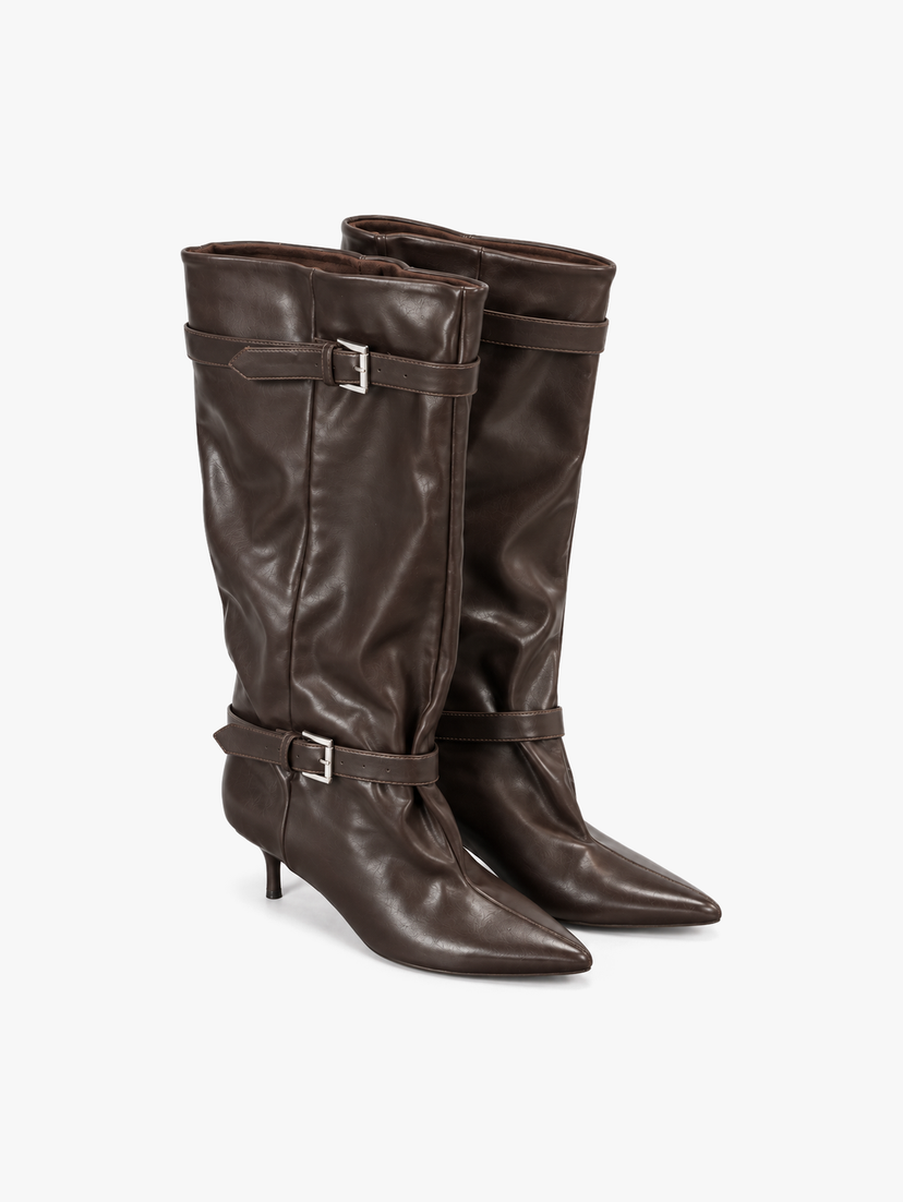 Ella Kitten Heel Buckle Boots - Dark Brown