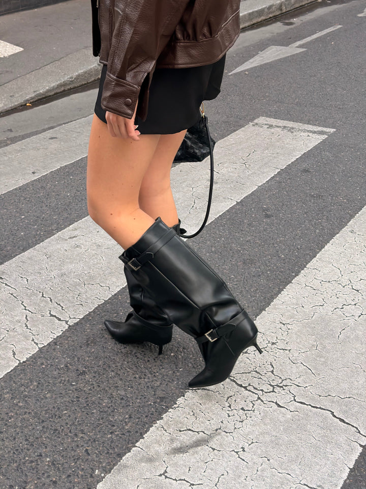Ella Kitten Heel Buckle Boots - Black