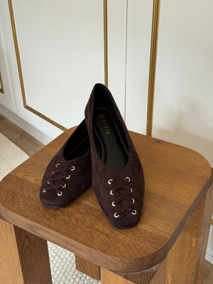 Kira Tie Ballerina - Faux Suede Dark Brown