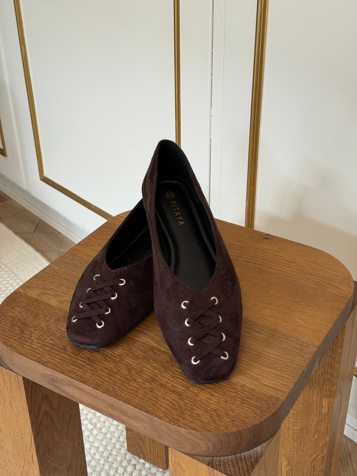 Kira Tie Ballerina - Faux Suede Dark Brown