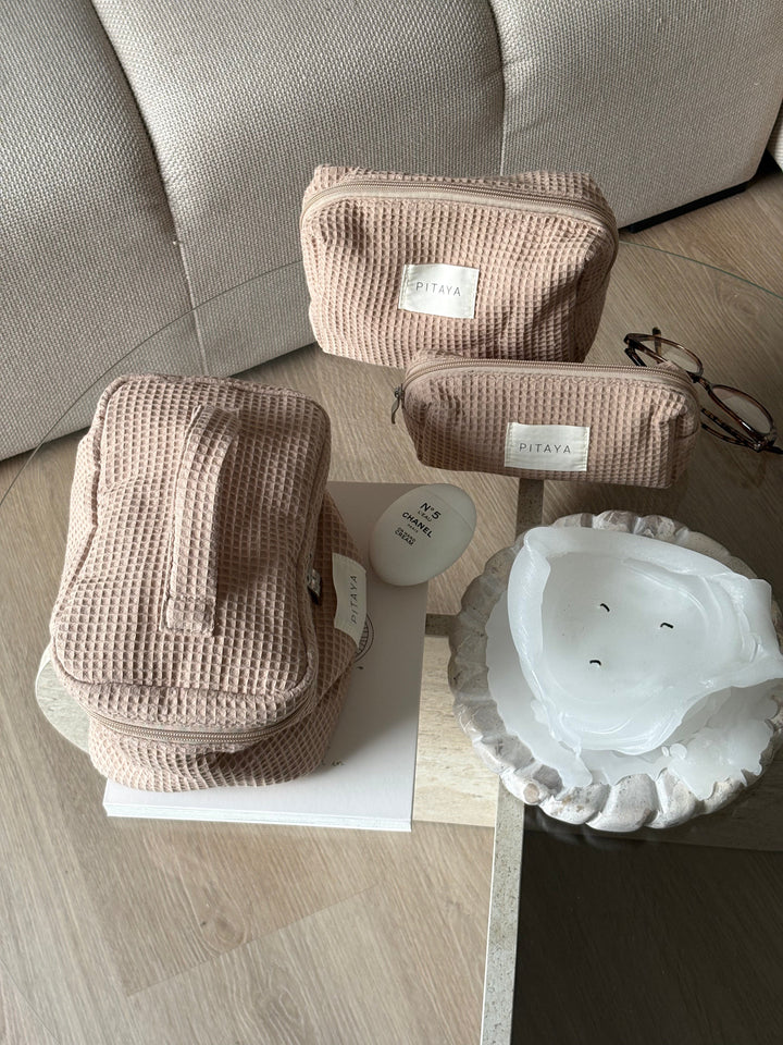 Large Waffle Makeup Bag - Dark Beige