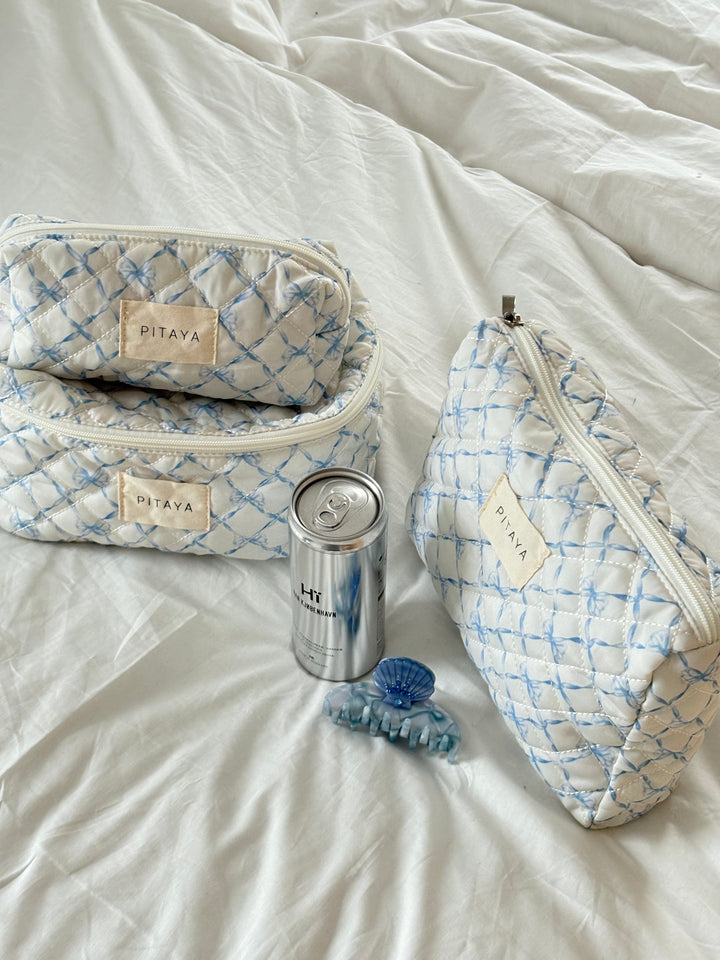 Small Makeup Bag - Blue Bow Check