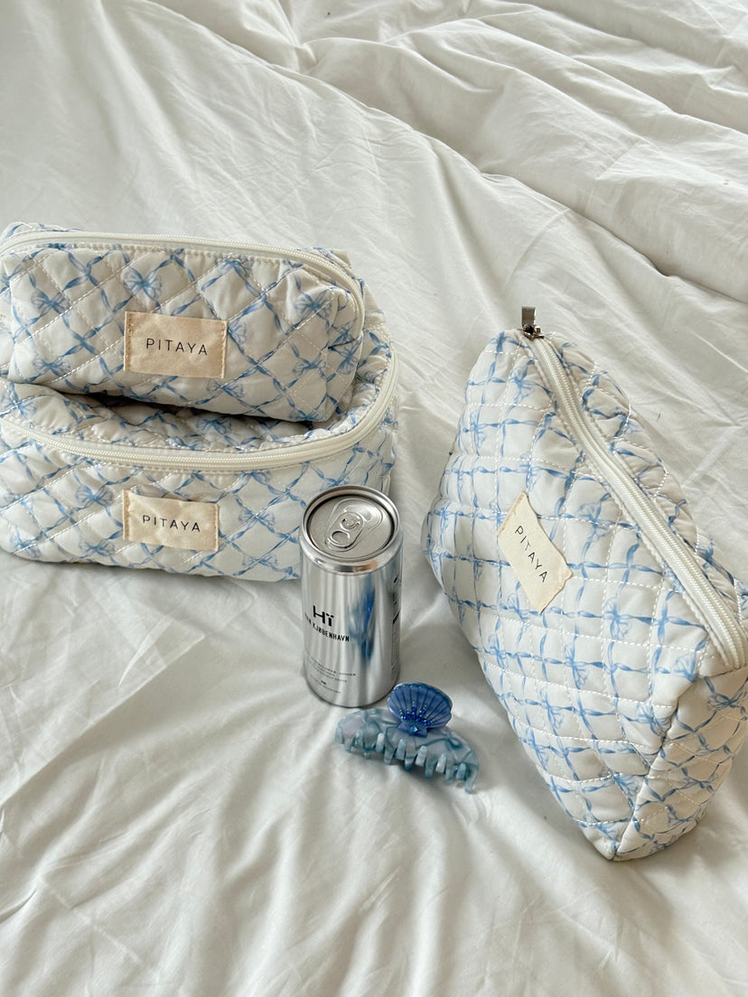 Small Makeup Bag - Blue Bow Check