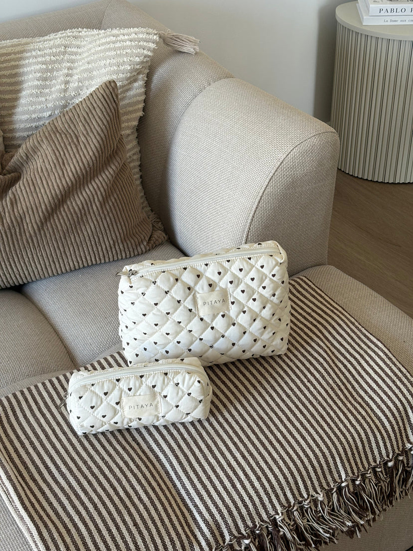 Medium Triangle Makeup Bag - Beige/Dark Brown Hearts