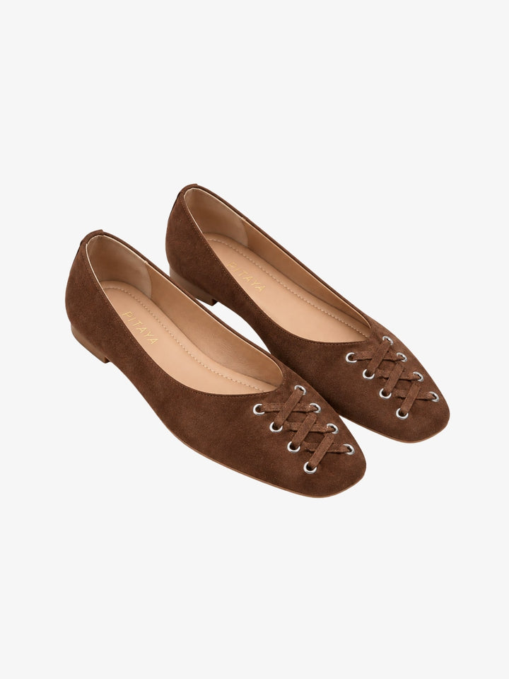 Kira Tie Ballerina - Faux Suede Cognac Brown