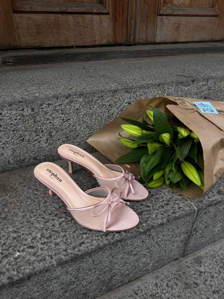 Nellie Bow Tie Heeled Mules - Champagne